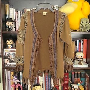 Gimmicks by BKE Army Green Boho Fringe Beaded Jacket, Size Small